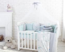 Комплект Маленька Соня Baby Design Premium Зайчики м'ята з балдахіном Комплект Маленька Соня Baby Design Premium Зайчики м'ята з балдахіном