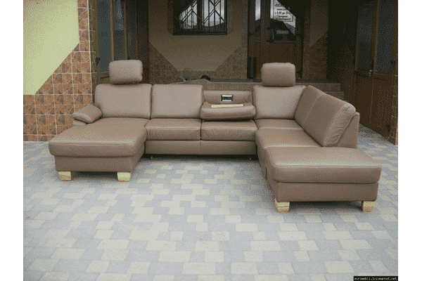 Новий шкіряний П-подібний диван, розкладний (4945). ДНІПРО - LvivMarket.net